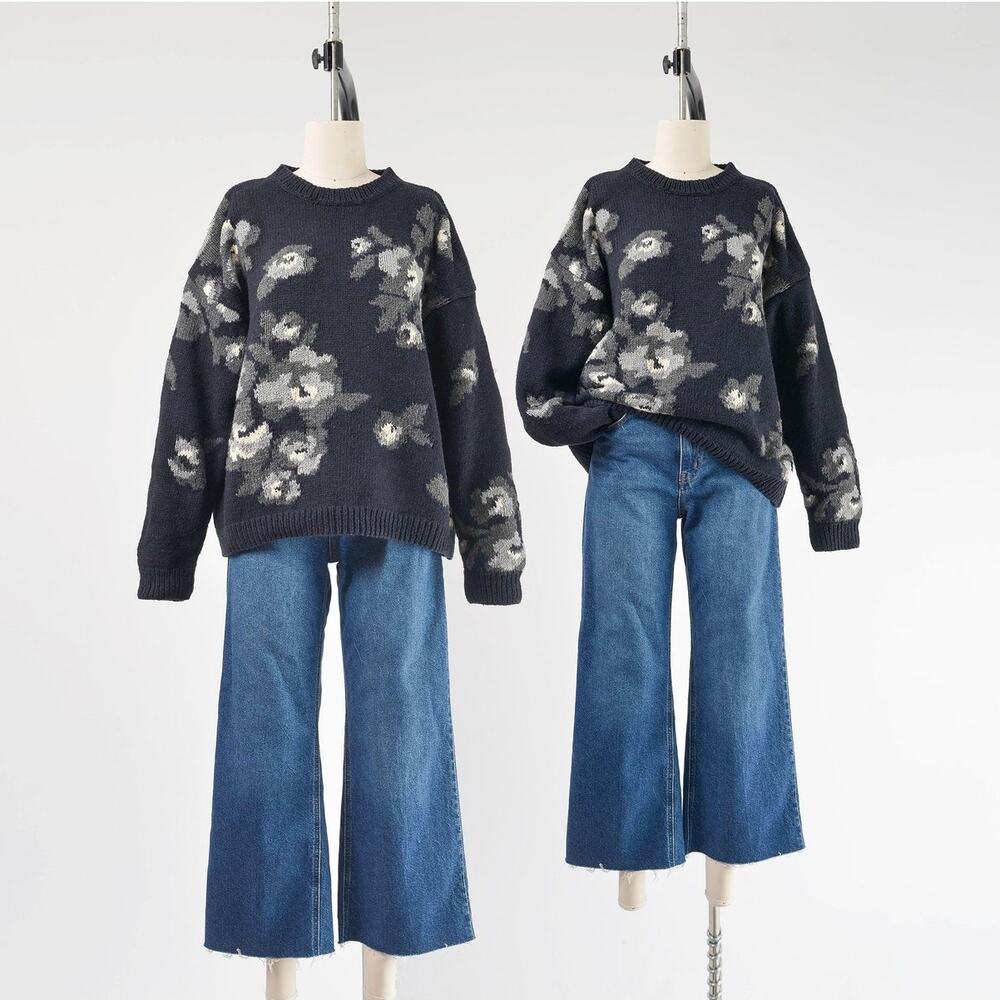 Vintage 90s Black Floral Ramie Cotton Sweater Cottagecore Chunky Sweater M L